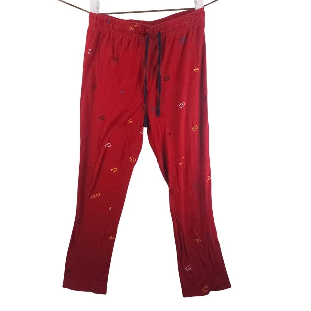 Nautica Men Pajama Pants Medium Red Nautical Flag Print 100% Cotton Lounge Sleep